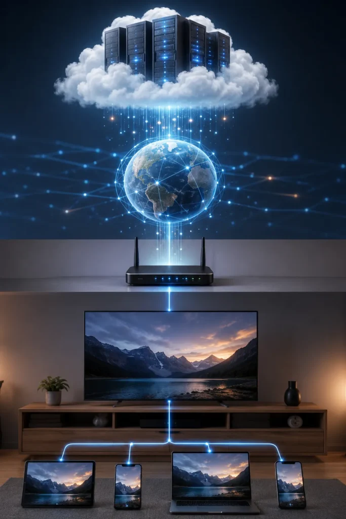 Infographic explaining what IPTV is and how IPTVUSAX streaming works, from choosing a plan to streaming on your device