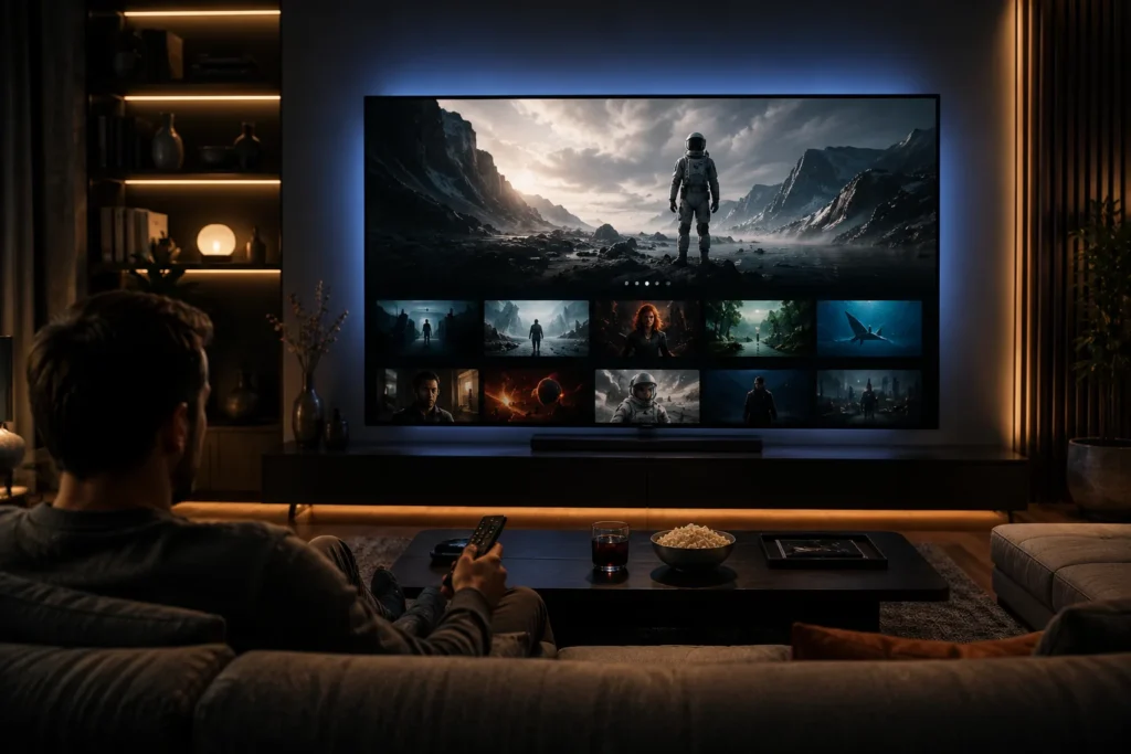 Why choose IPTVUSAX — person relaxing while streaming live TV and on-demand content with reliable, buffer-free playback